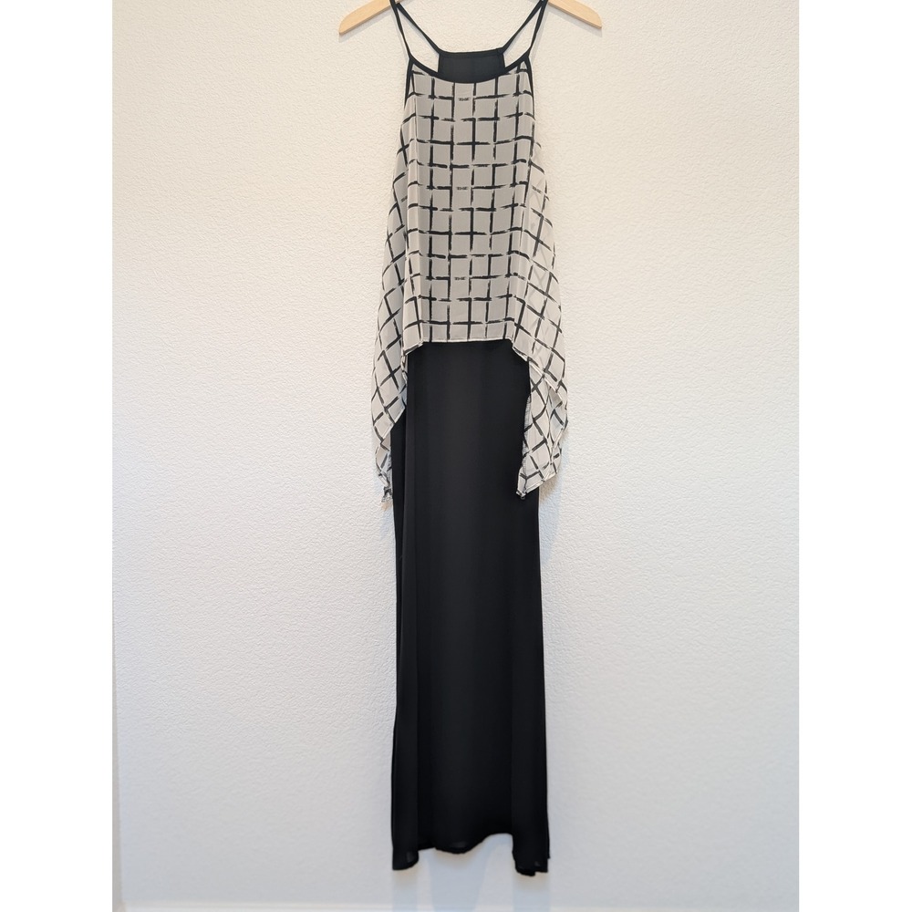 Womens Black White Grid Print Layered Maxi Dress Spaghetti Strap L